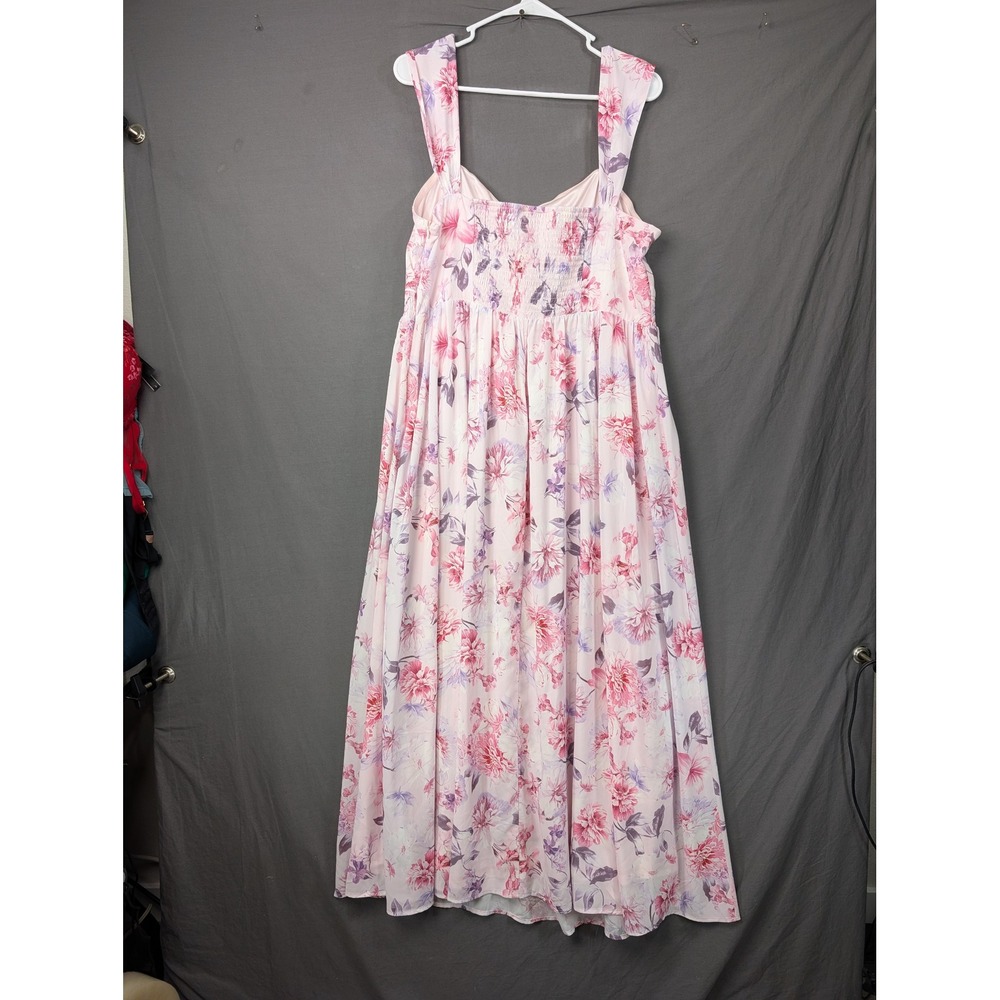 Grace Karin Pink Floral Smocked Waist Maxi Dress 2XL Sleeveless Square Neck Slit